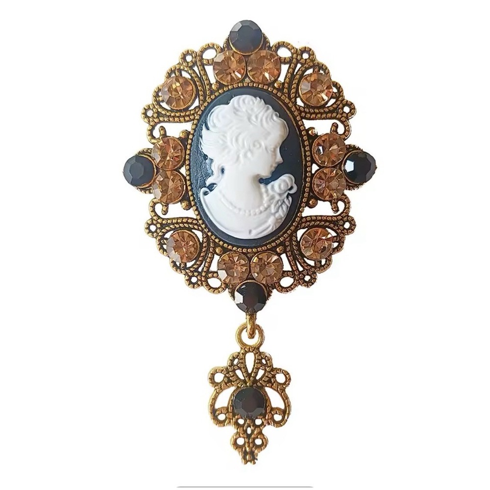 Vintage Inspired Black Acrylic Crystal‎ Cameo Brooch in Aged Gold Tone
